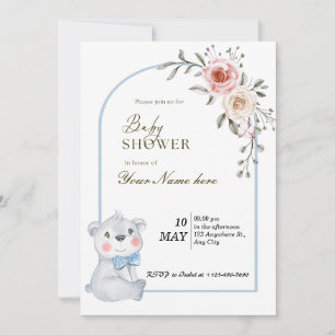 Convite White Blue Bear Baby Shower