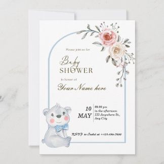 Convite White Blue Bear Baby Shower