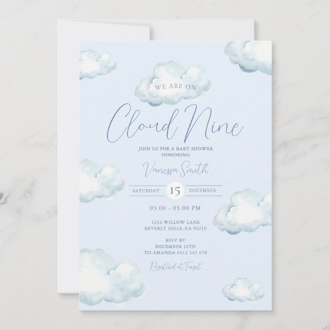 Convite White Blue Cloud Nine Baby Shower Party (Frente)