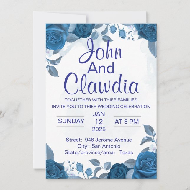 Convite white blue floral geometric wedding invitation (Frente)
