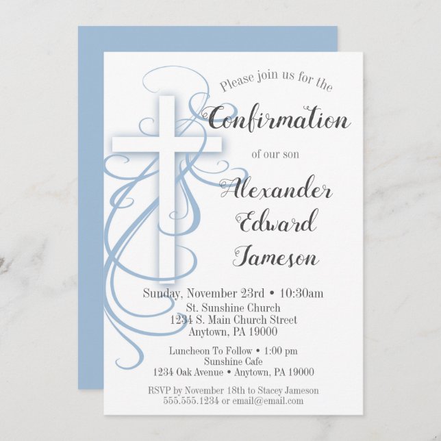 Convite White Blue Swirl Cross Confirmation Boy (Frente/Verso)