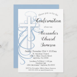 Convite White Blue Swirl Cross Confirmation Boy