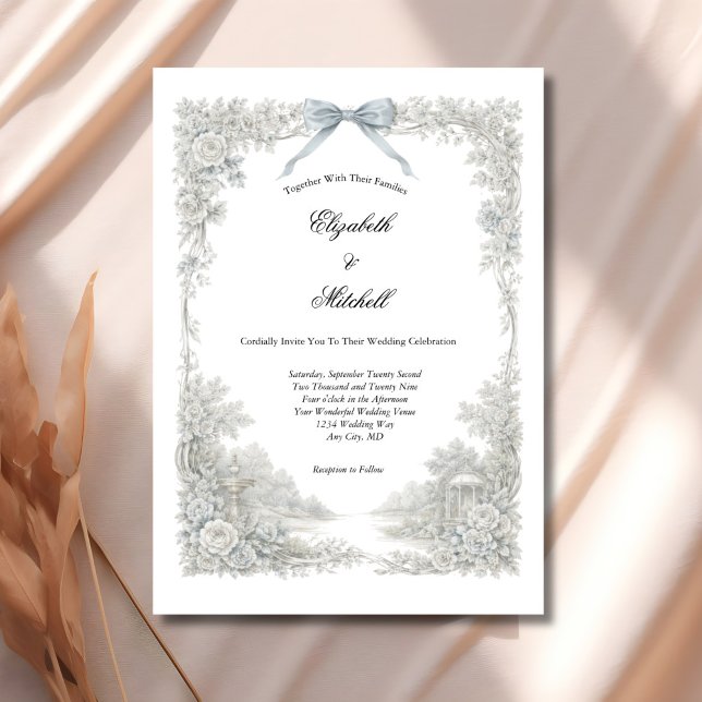 Convite White Blue Toile Floral Coquette Bow Elegant  (White Ivory Light Blue Toile Florals and coquette Bow Elegant Wedding invitation. Printed or Digital)