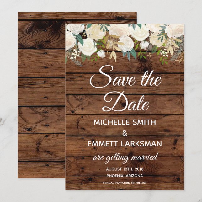 Convite White Boho Floral Rustic Dourada Salve a Data (Frente/Verso)