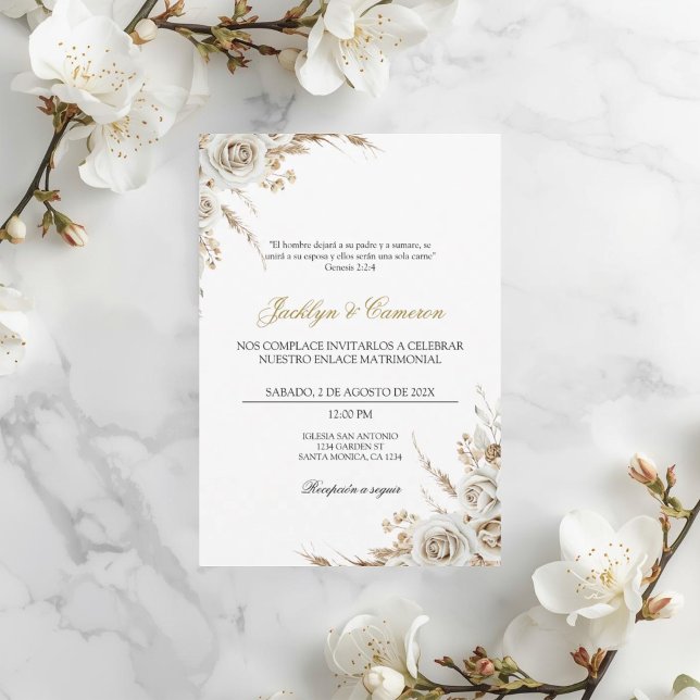 Convite White Boho Floral Spanish Wedding (Criador carregado)