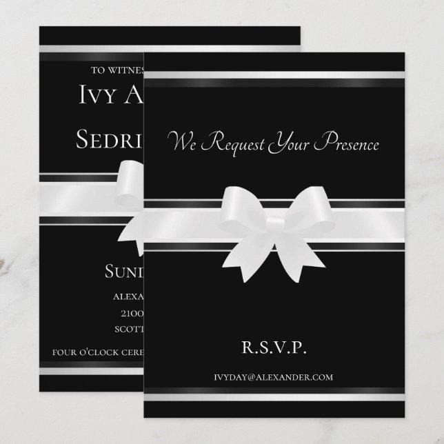 Convite White Bow & Black Classic II Wedding Invitation (Frente/Verso)
