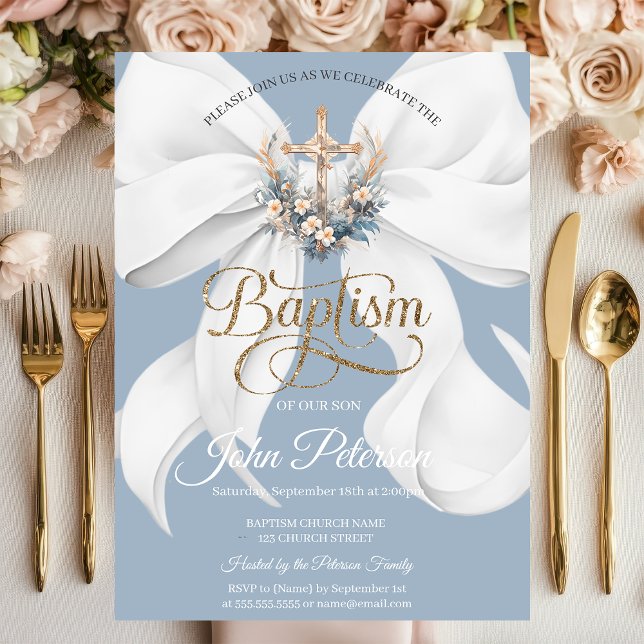 Convite White Bow Floral Cross Baptism Dusty Blue (Criador carregado)