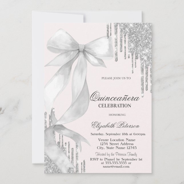 Convite White Bow Silver Glitter Drips Quinceañera (Frente)