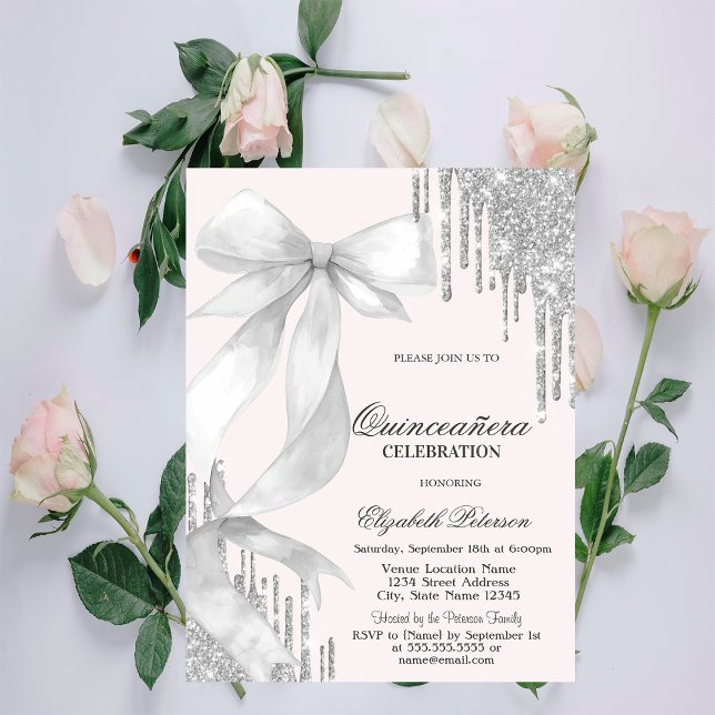 Convite White Bow Silver Glitter Drips Quinceañera (Criador carregado)