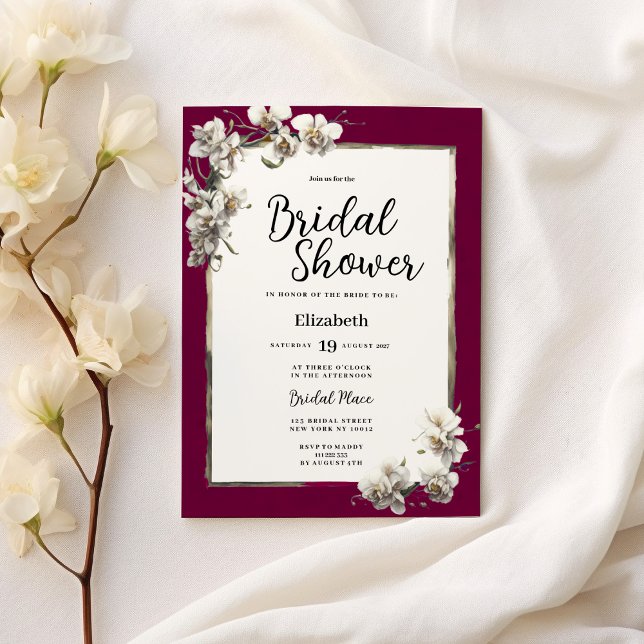 Convite White burgundy gold orchid floral Bridal Shower (White burgundy gold orchid floral Bridal Shower)