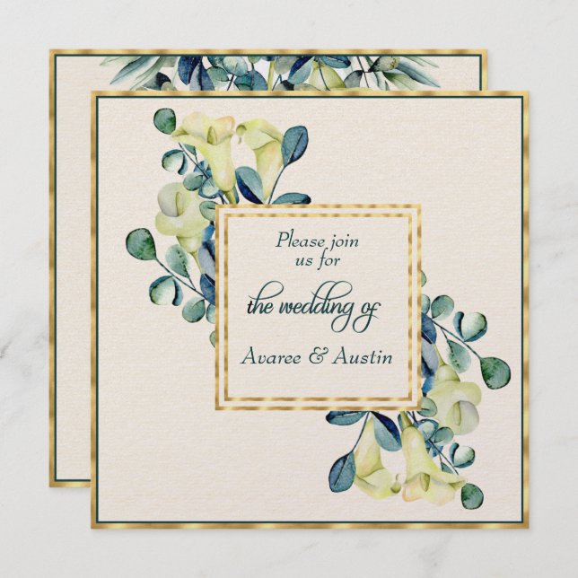 Convite White Calla Lily e Eucalyptus Ivory e Dourado (Frente/Verso)