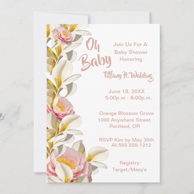 Convite White Calla Lily e Peony Oh Baby Girl Chá de frald (Frente)