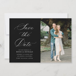 Convite White calligraphy black wedding save the date card