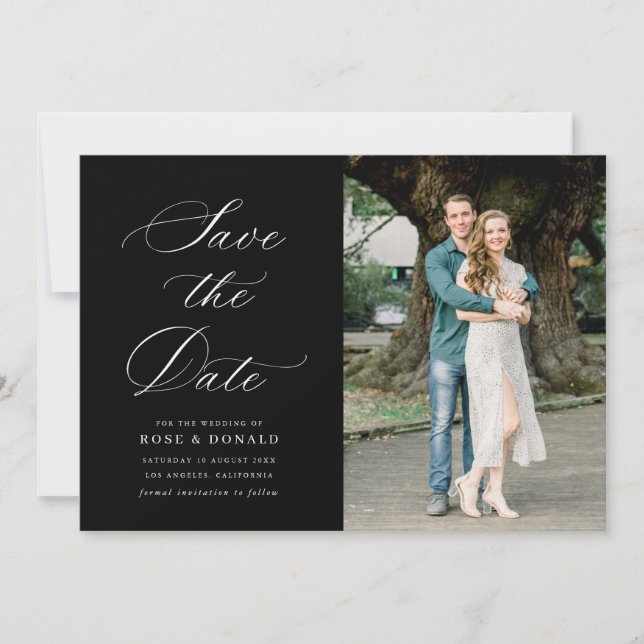 Convite White calligraphy black wedding save the date card (Frente)