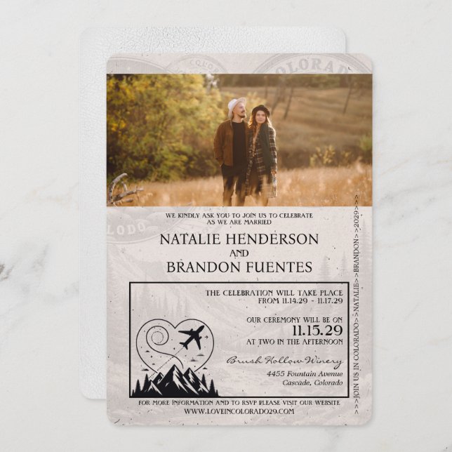 Convite White Colorado Passport Wedding (Frente/Verso)