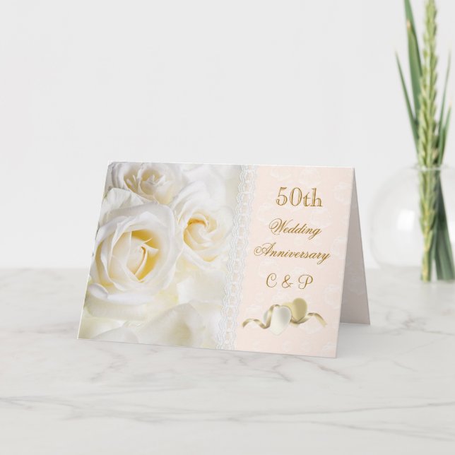 Convite White cream roses, hearts 50th Wedding Anniversary (Frente)