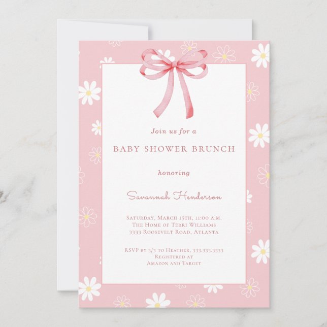 Convite White Daisies Pink Bow Ribbon Baby Shower Brunch  (Frente)