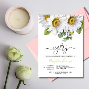 Convite White Daisy Floral Greenery Script Birthday