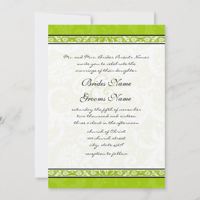 Convite White Damask Swirls Apple Green Casation (Verso)
