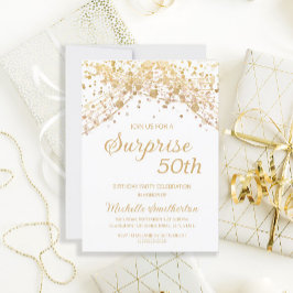 Convite White Dourado Glitter Surprise 50th Birthday