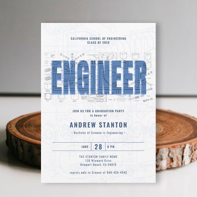 Convite White Draft Party do Engenheiro de Graduação de En (engineering engineer graduation ceremony party invitation white blue template modern minimalist)