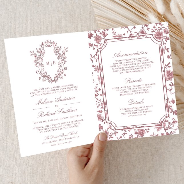 Convite White Dusty Rose Chinoiserie Crest QR Code Wedding (Criador carregado)