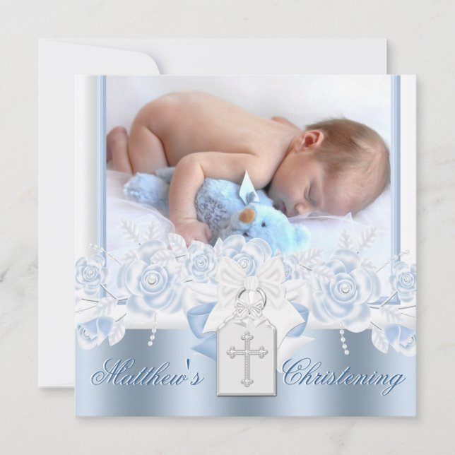 Convite White e Baby Blue Christening (Frente)