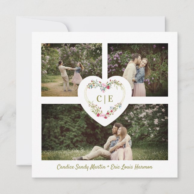 Convite White Elegant Floral Pink Heart 3 Photos  Wedding (Frente)