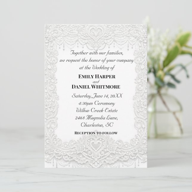 Convite White Elegant Lace Wedding Invitation (Em pé/Frente)