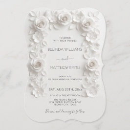 Convite White Faux Relief Roses Frame Wedding Minimalist