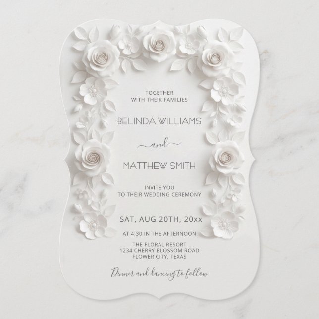 Convite White Faux Relief Roses Frame Wedding Minimalist (Frente)
