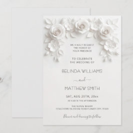 Convite White Faux Relief Roses Frame Wedding Minimalist