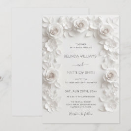 Convite White Faux Relief Roses Frame Wedding Minimalist