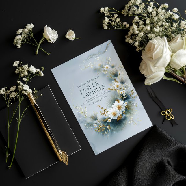 Convite White Floral and Blue Pine Gold Wreath Wedding (Criador carregado)