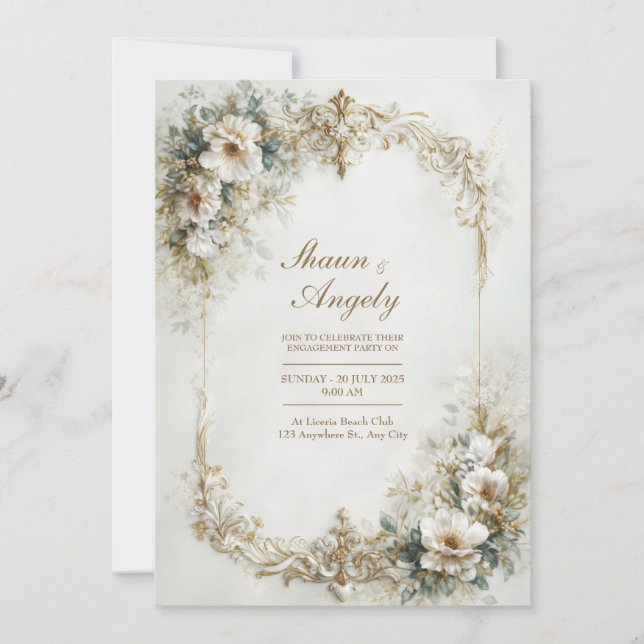 Convite White Floral And Gold Baroque Scroll Wedding (Frente)