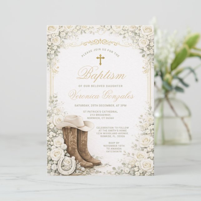 Convite White Floral Baptism Invite with Cowboy Boots (Em pé/Frente)