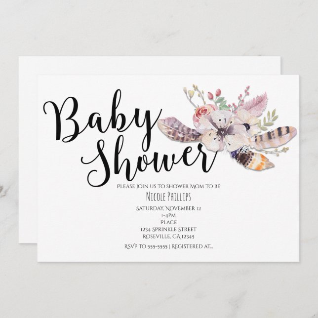 Convite White Floral Boho Chic Baby Shower Invasões (Frente/Verso)