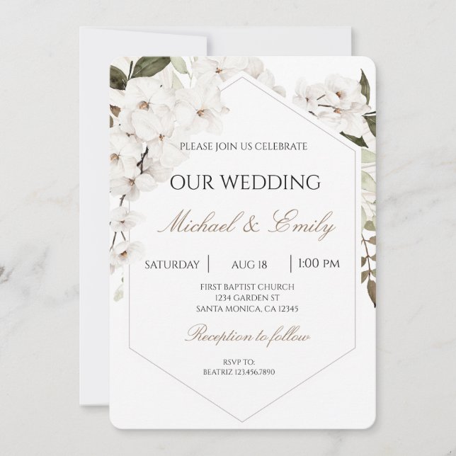 Convite White Floral Boho Wedding Invitation (Frente)