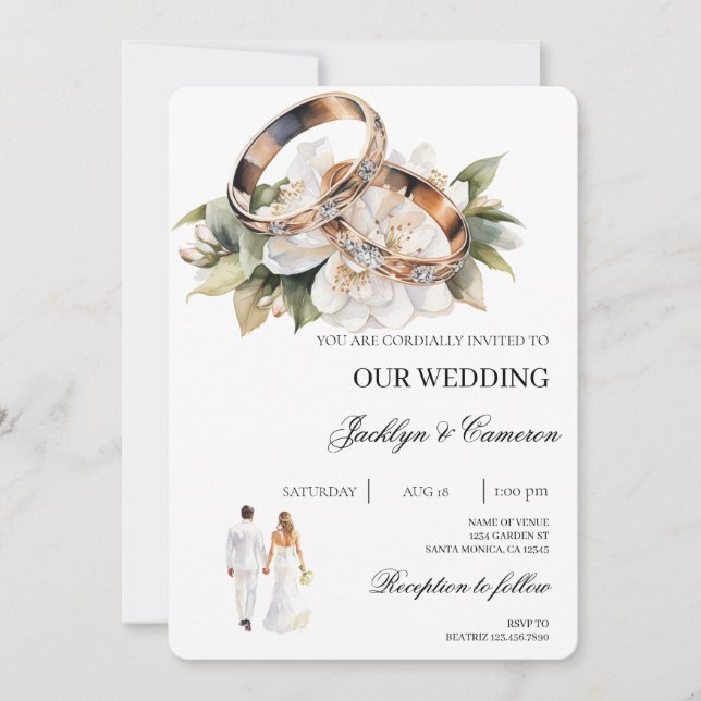Convite White Floral com anel Casamento (Frente)