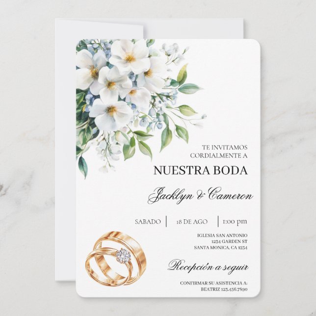 Convite White Floral com anel Casamento Espanhol (Frente)