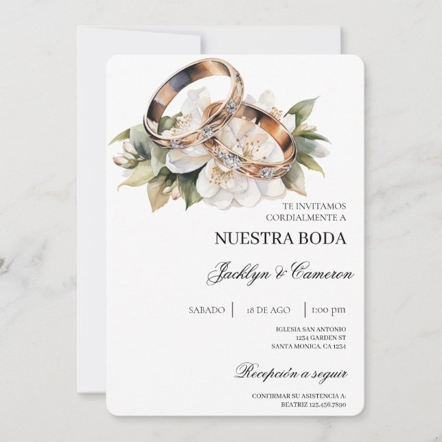 Convite White Floral com anel Casamento Espanhol (Frente)