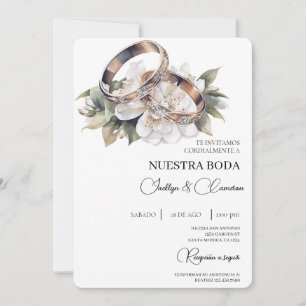 Convite White Floral com anel Casamento Espanhol