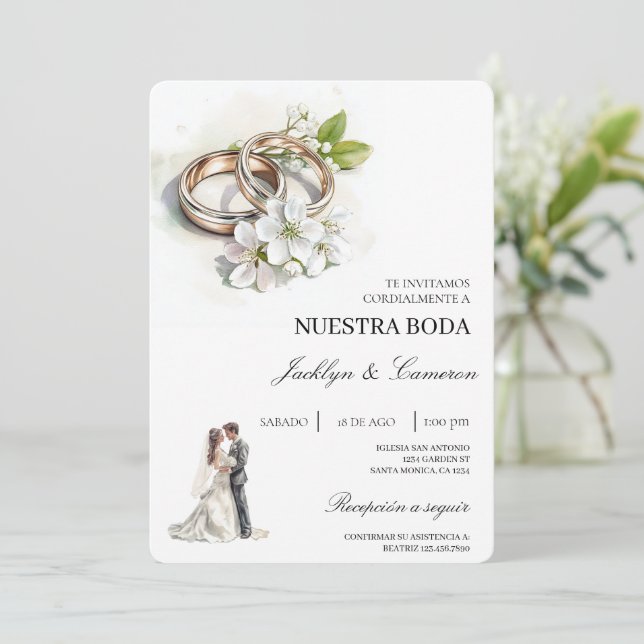 Convite White Floral com anel Casamento Espanhol (Em pé/Frente)