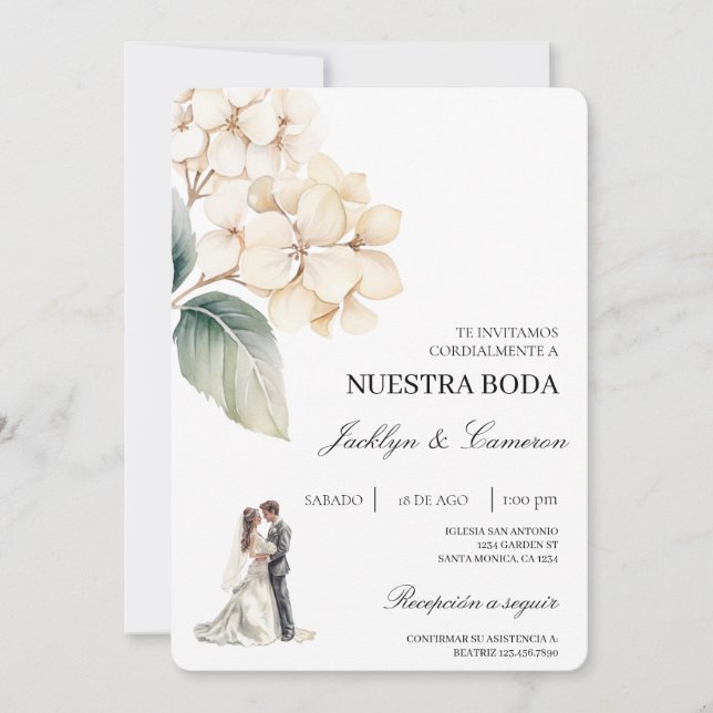 Convite White Floral com anel Casamento Espanhol (Frente)