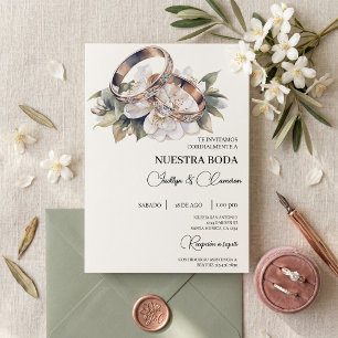 Convite White Floral com anel Casamento Espanhol