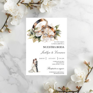 Convite White Floral com anel Casamento Espanhol