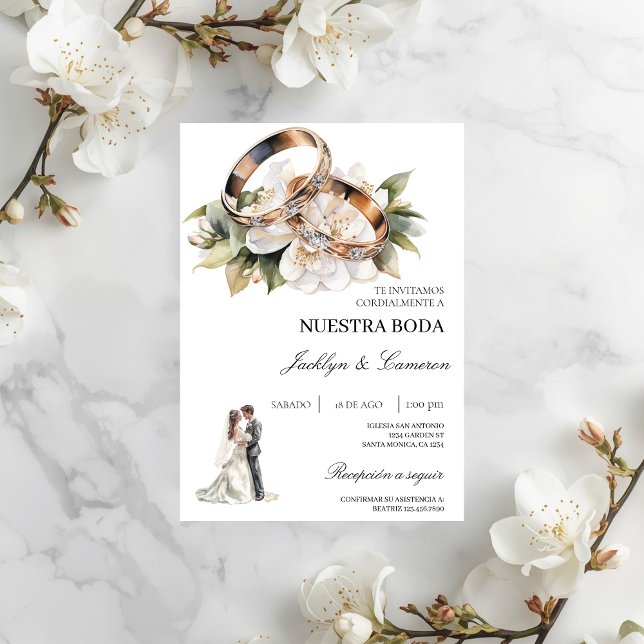 Convite White Floral com anel Casamento Espanhol (Criador carregado)
