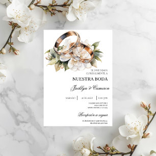 Convite White Floral com anel Casamento Espanhol