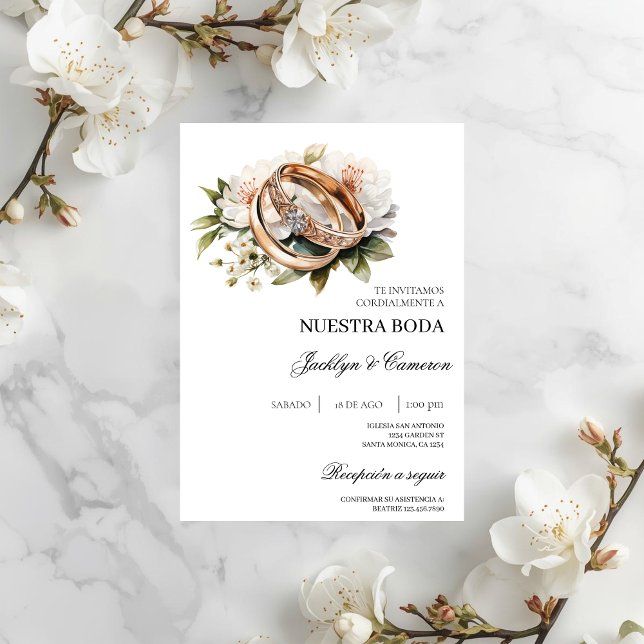 Convite White Floral com anel Casamento Espanhol (Criador carregado)