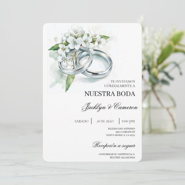 Convite White Floral com anel Casamento Espanhol (Em pé/Frente)